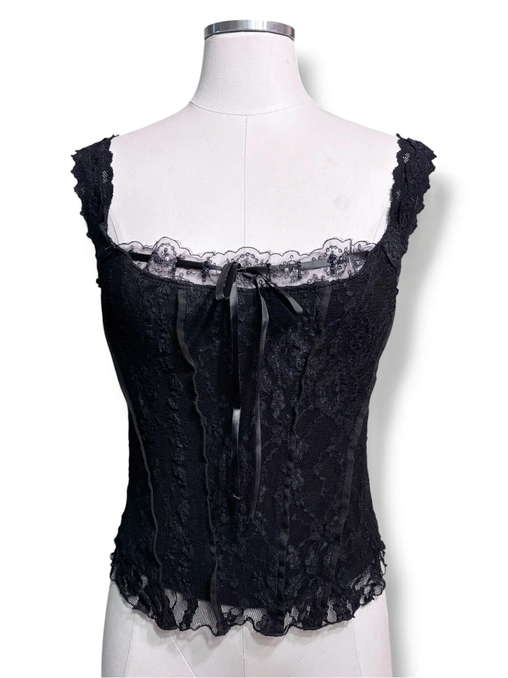 NECESSARY OBJECTS Black Stretch Lace Layered Corset Style Camisole VINTAGE Y2K - Picture 7 of 7
